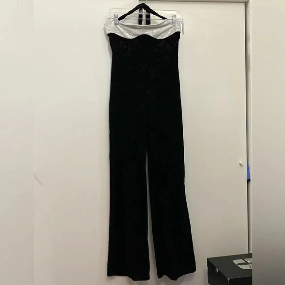 Cider women’s black white velvet  halter long floral dark academia overalls. S - Picture 2 of 9